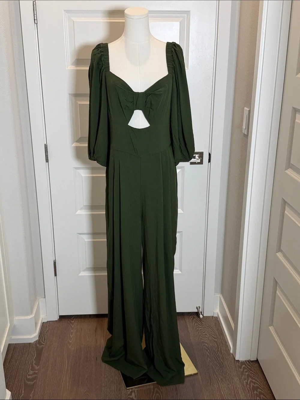 Maria Filó Olive Green Puff-Sleeve Wide-Leg Cutout Jumpsuit Size L